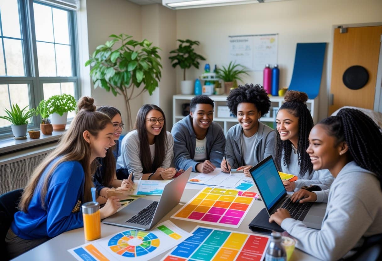 A group of diverse college students working together on wellness plans in a bright dorm room with plants and healthy snacks.