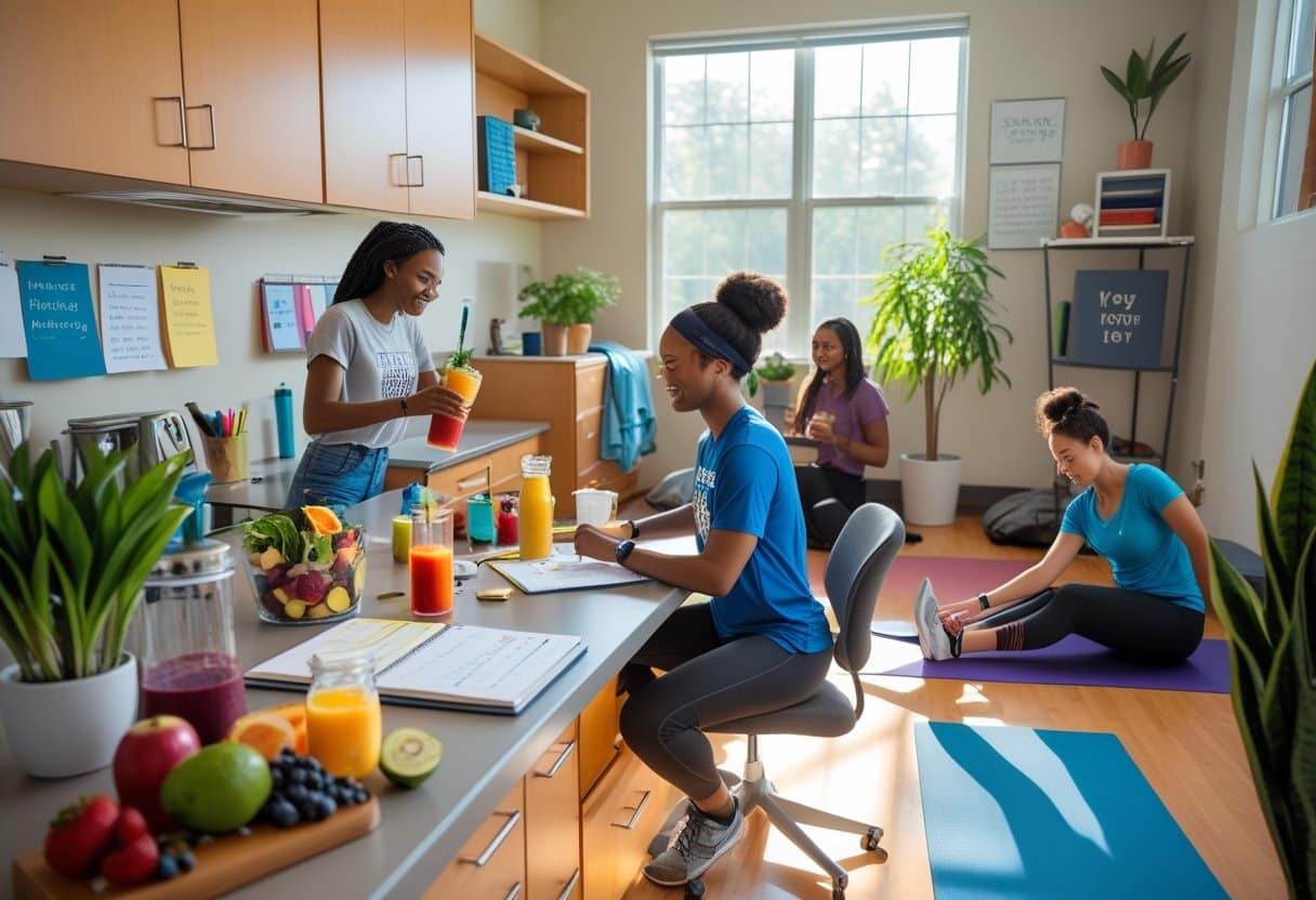 First-year college students in a dorm room preparing healthy food, organizing a wellness planner, and doing stretching exercises.
