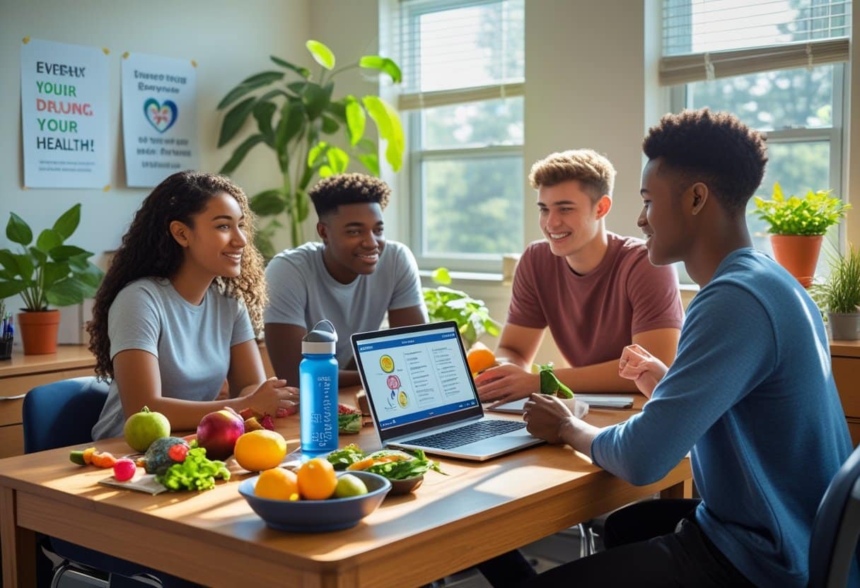 Two college students sitting at a table with healthy food and a laptop, planning nutrition and physical health activities in a bright dorm room.