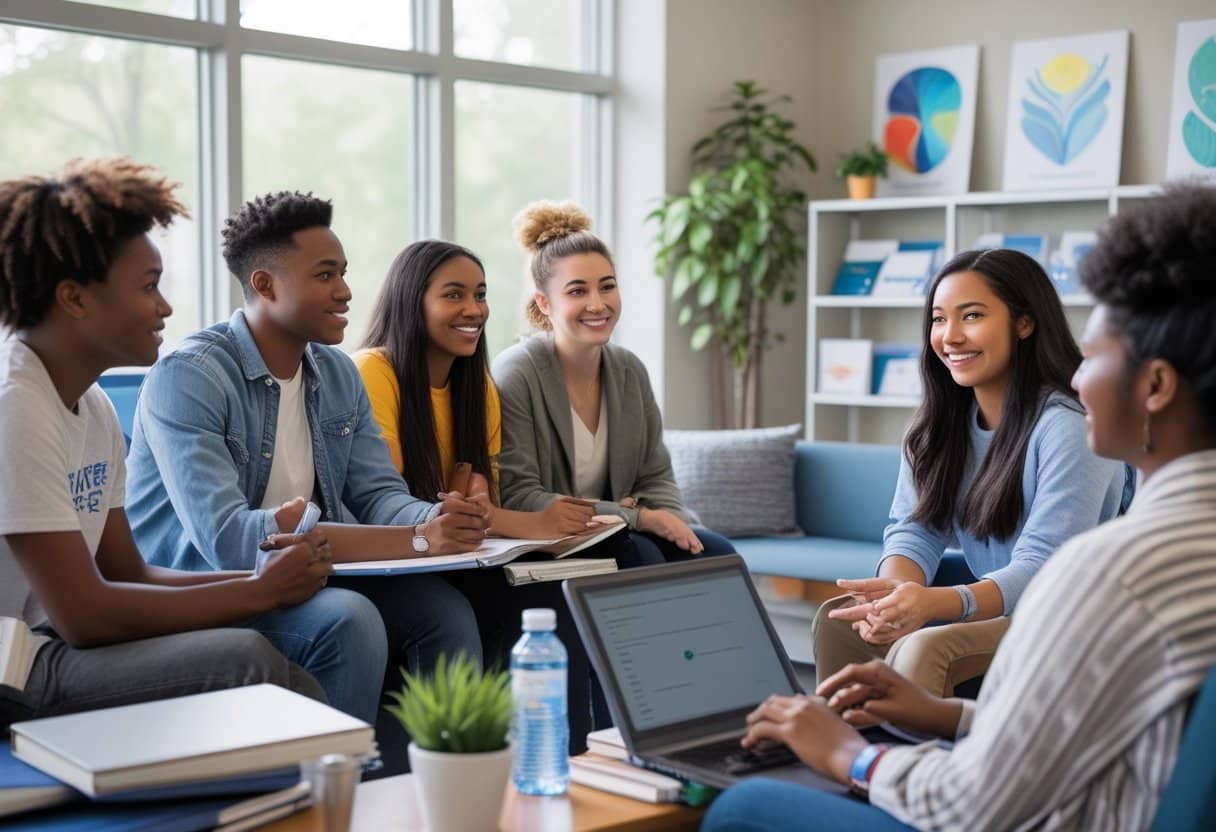 A group of diverse first-year college students meeting with a counselor in a bright room, discussing a personalized wellness plan.