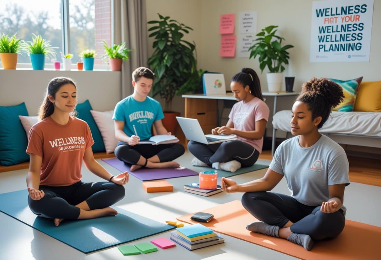 A group of first-year college students practicing meditation, journaling, and stretching in a bright dorm room filled with plants and natural light.