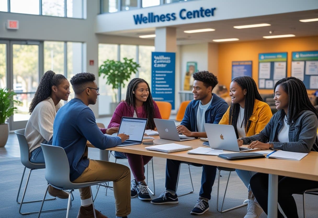 A group of diverse college students sitting around a table, working together in a bright campus space with wellness center signs and community flyers visible.
