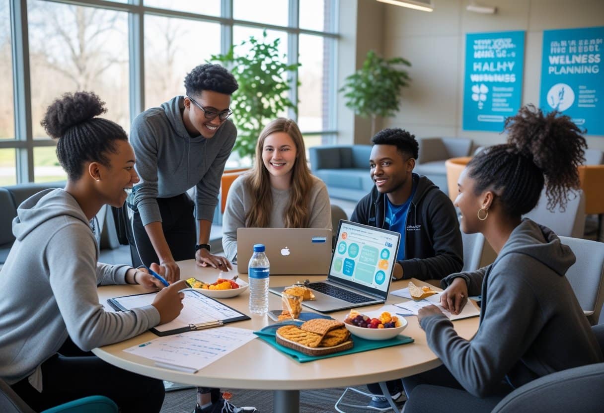 A group of college students working together on wellness planning in a bright campus lounge.
