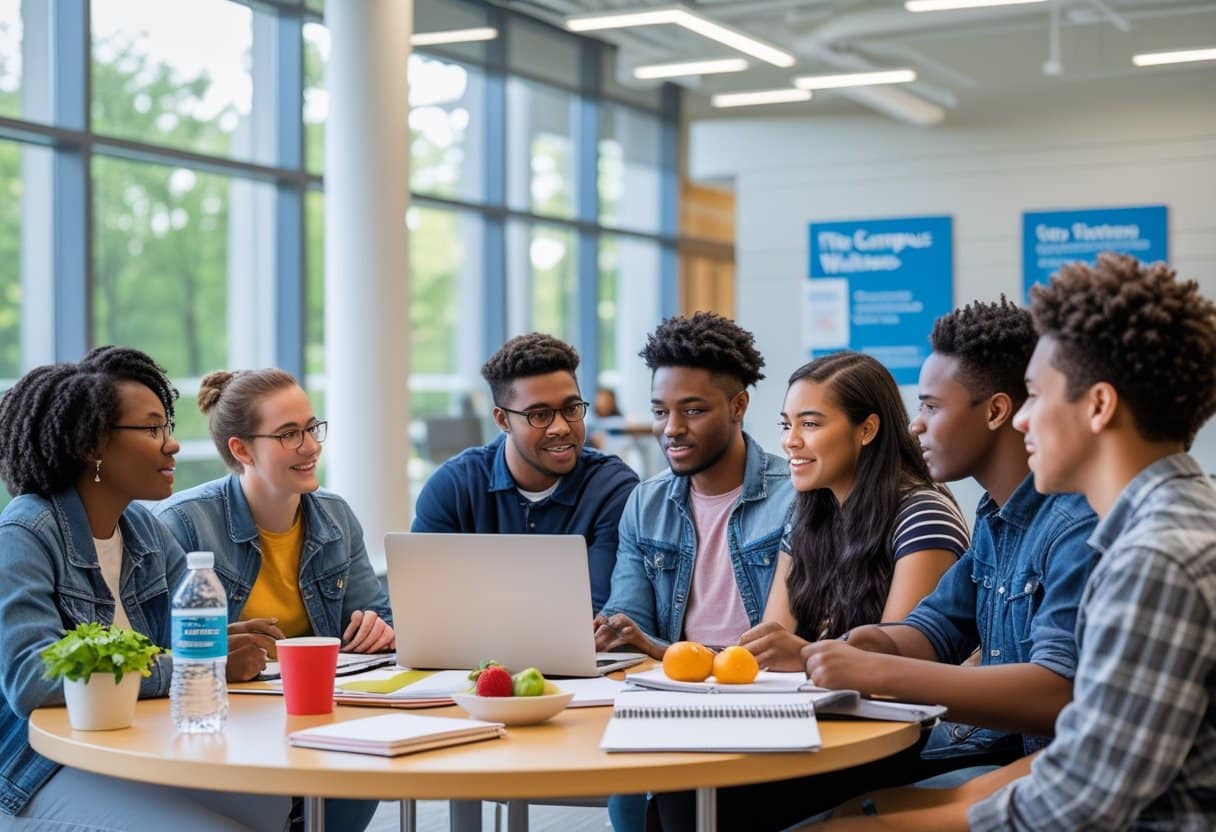 A group of first-year college students sitting around a table, discussing with laptops and notebooks in a bright campus common area.