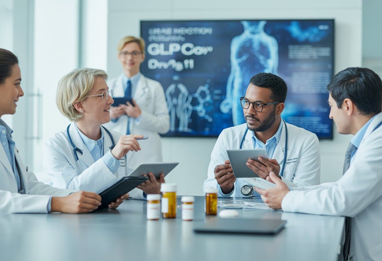 Healthcare professionals discussing medical information in a bright clinical setting with digital displays and medication bottles on the table.