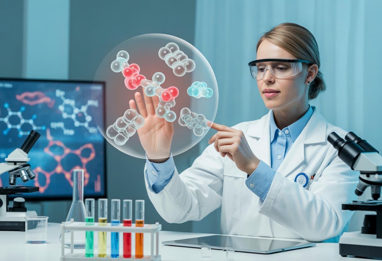 A healthcare professional in a lab coat examines a 3D molecular model of GLP-1 in a modern laboratory with scientific equipment and digital screens.