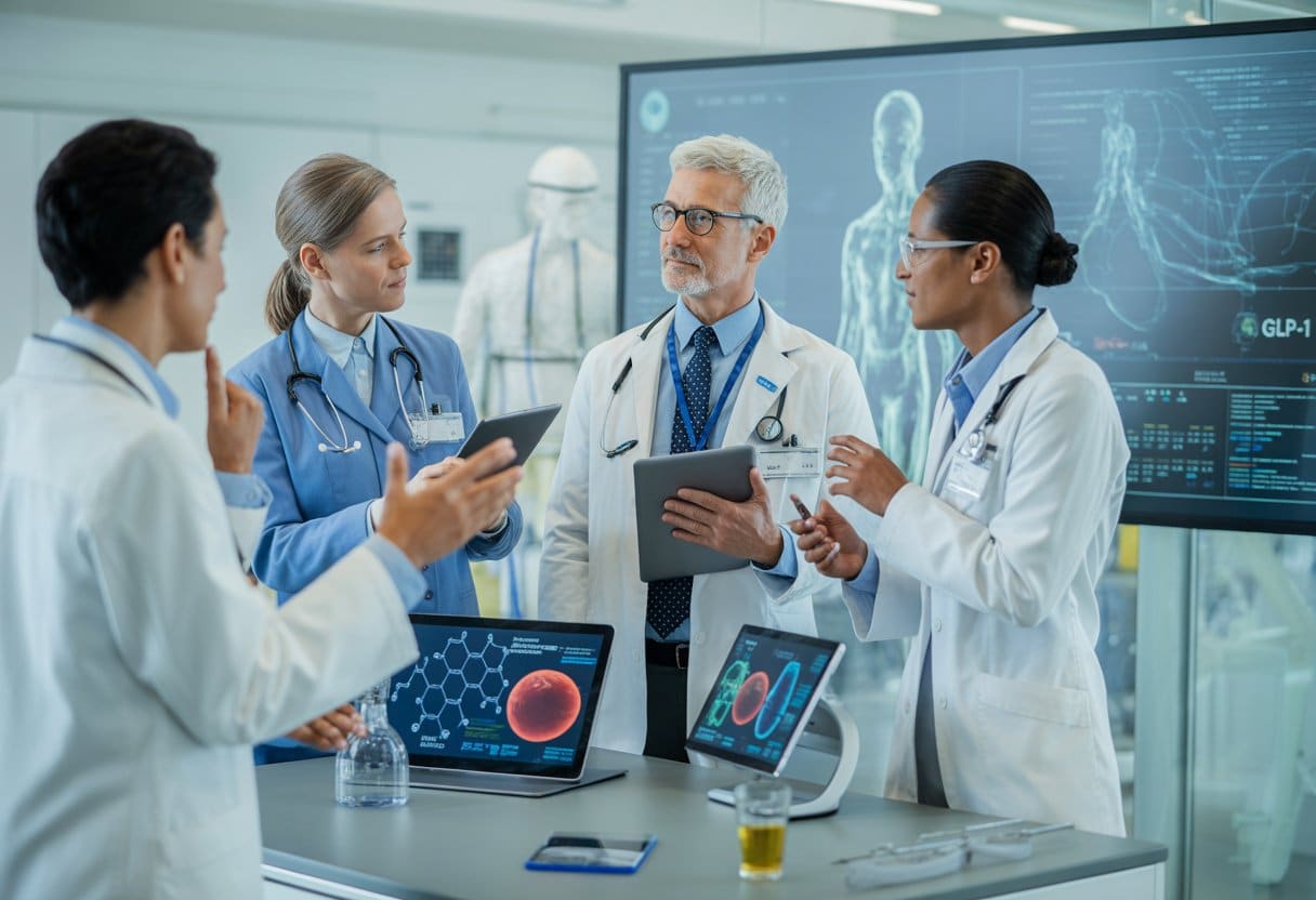 Healthcare professionals discussing medical research in a modern lab with digital displays showing human anatomy and molecular structures.