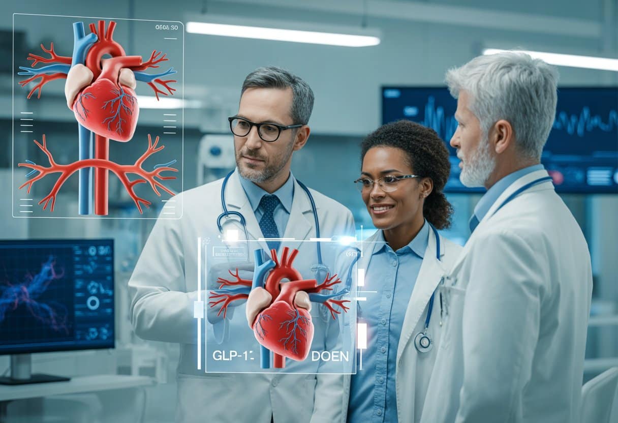 Medical professionals reviewing 3D images of a human heart and blood vessels in a modern clinical setting.