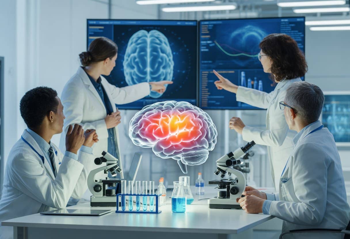 Medical researchers in a modern lab examining brain scans and a holographic brain model, discussing innovations in brain health and disease prevention.