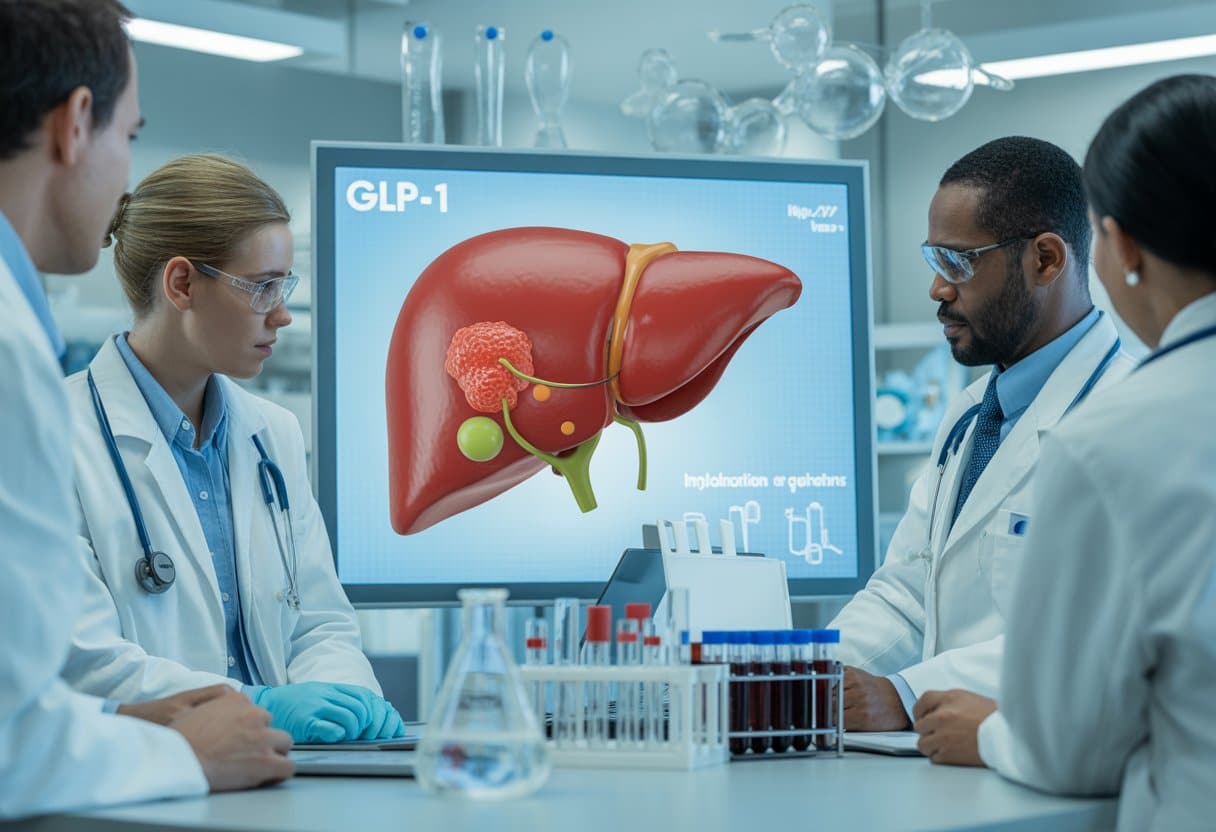 Medical professionals examining a 3D digital model of a human liver in a clinical laboratory setting.