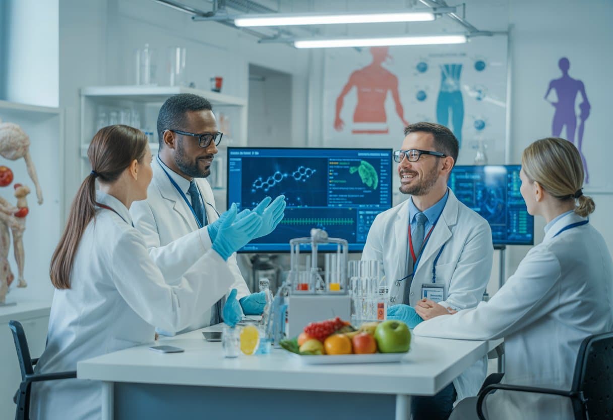 A group of medical researchers and healthcare professionals discussing advanced medical data and equipment in a bright laboratory.