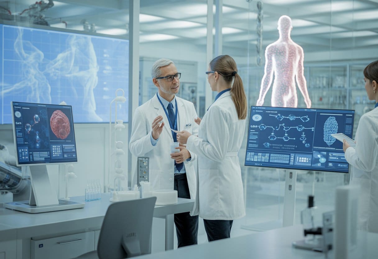 Scientists in a modern laboratory collaborating around digital displays and molecular models related to medical research.