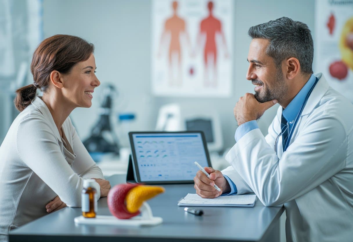 A doctor in a white coat talks with a patient in a bright clinic room, discussing health and medication options.