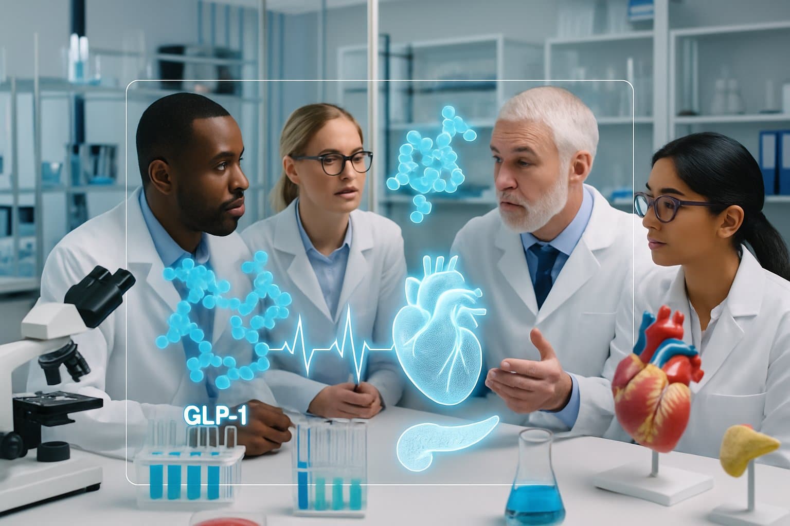 Scientists and healthcare professionals in a laboratory examining 3D molecular models related to heart health and drug research.