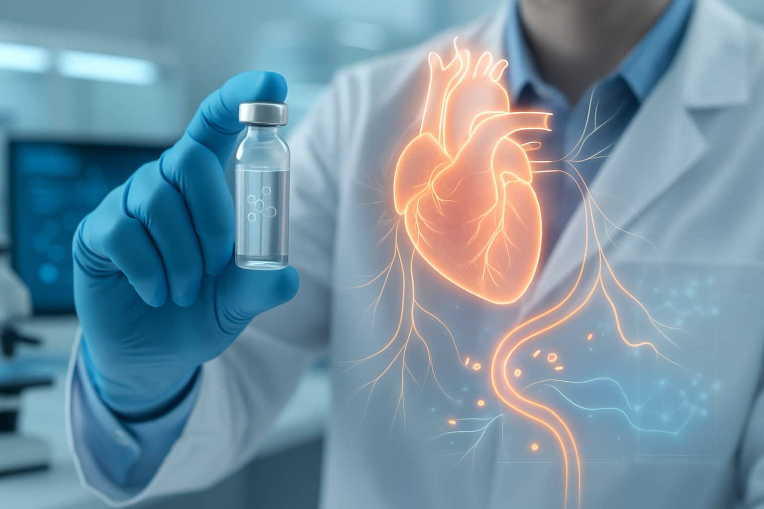 A scientist in a lab coat holding a vial with digital illustrations of a heart and blood vessels in a medical laboratory setting.