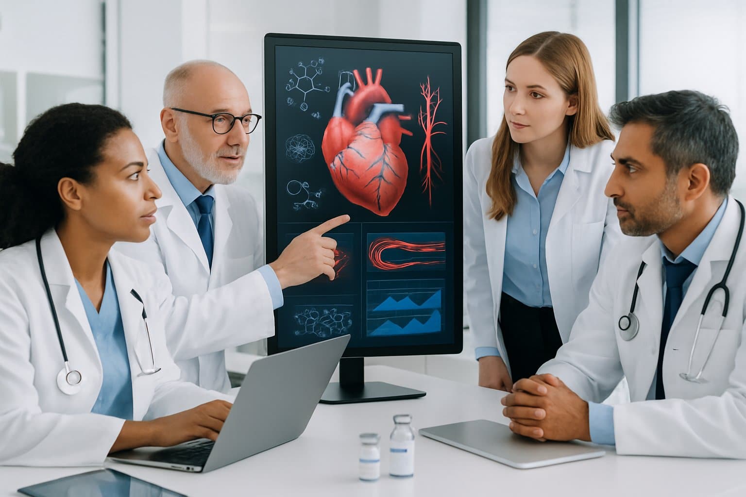 Healthcare professionals discussing cardiovascular health and research around a digital touchscreen displaying heart models and data in a modern medical setting.