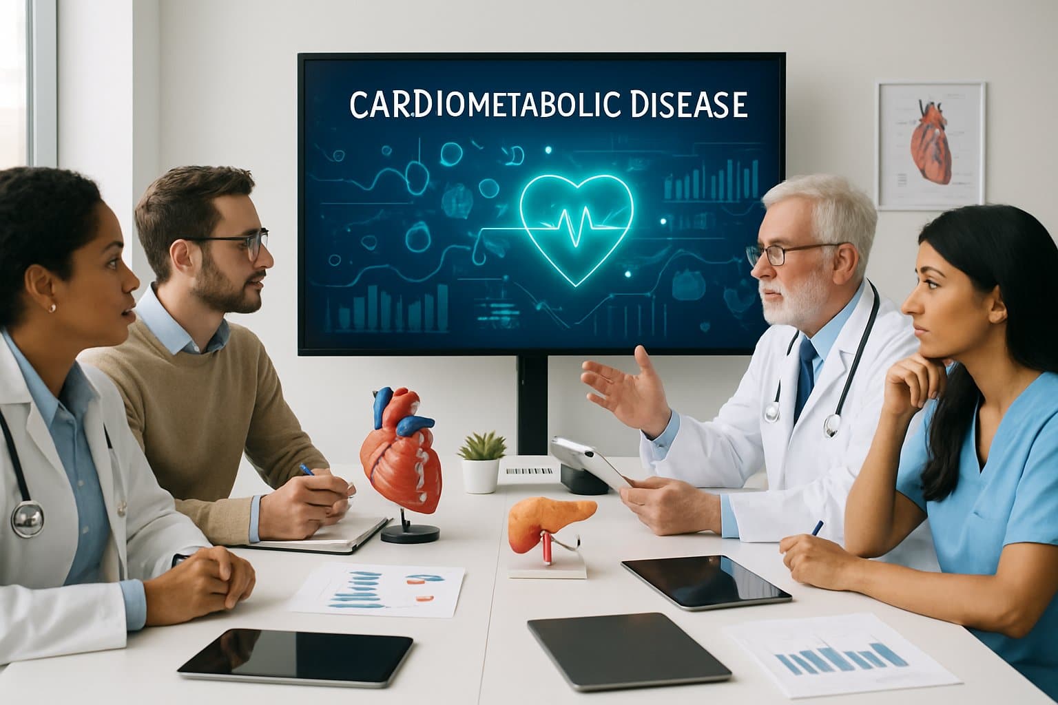 Healthcare professionals discussing medical data on a digital screen in a bright conference room.