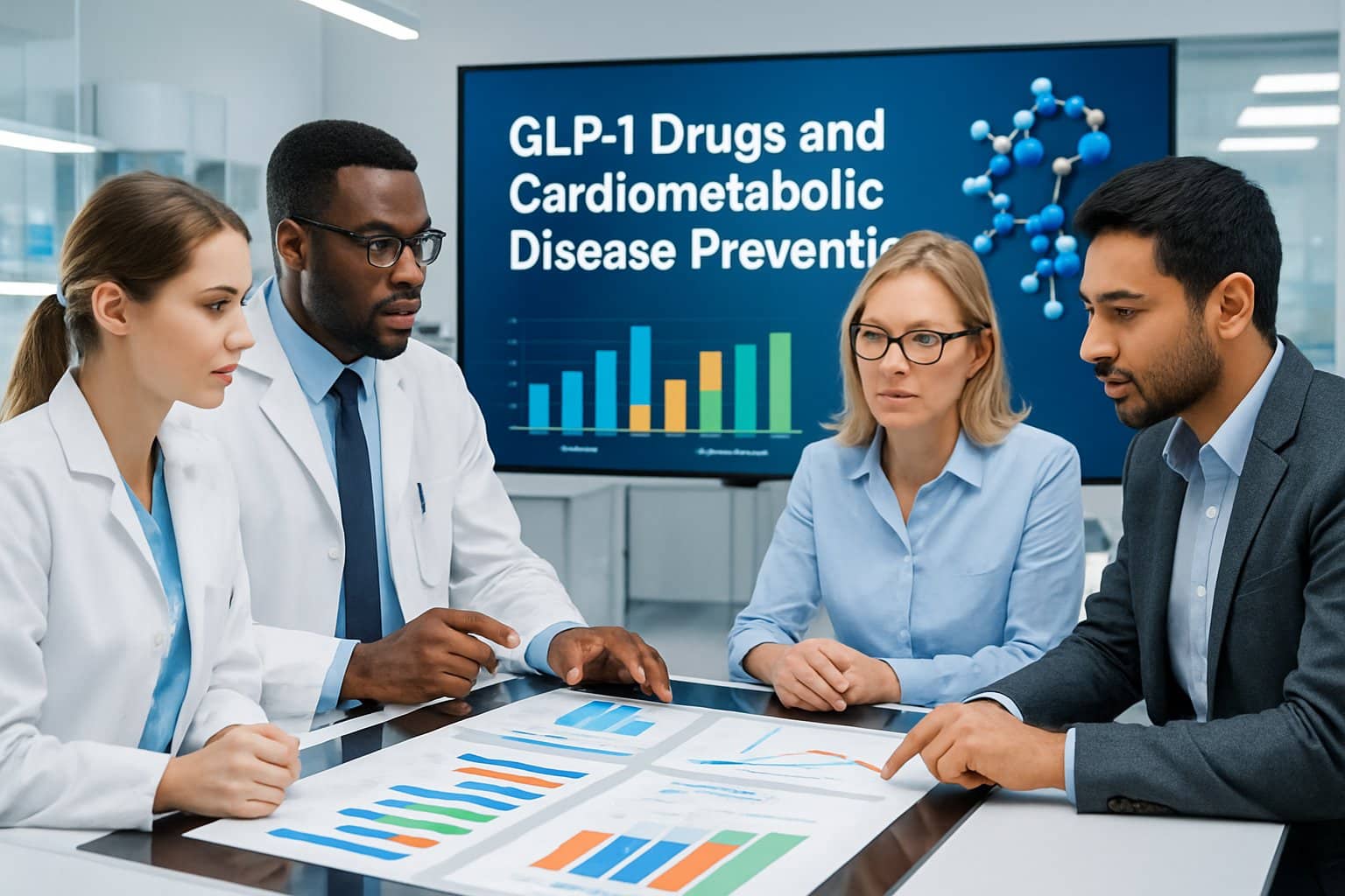 Healthcare professionals discussing medical data on a digital touchscreen in a modern research lab.