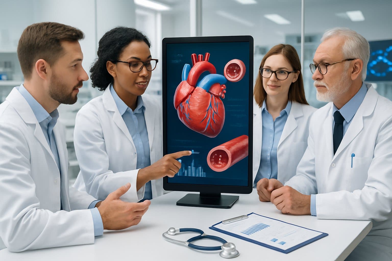 Healthcare professionals discussing heart and blood vessel models on a digital display in a medical research lab focused on drug development.