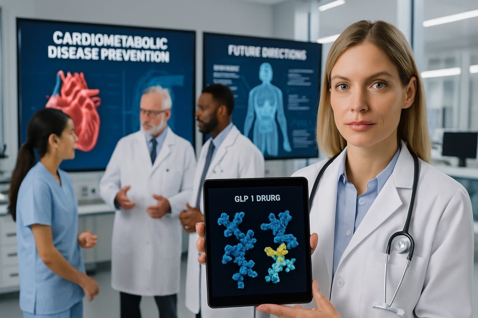 Medical professionals discussing cardiometabolic disease prevention with digital displays and medical equipment in a clinical setting.
