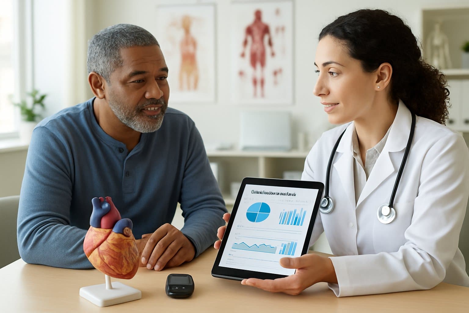 A healthcare professional discusses cardiometabolic health with a patient in a bright clinic office.