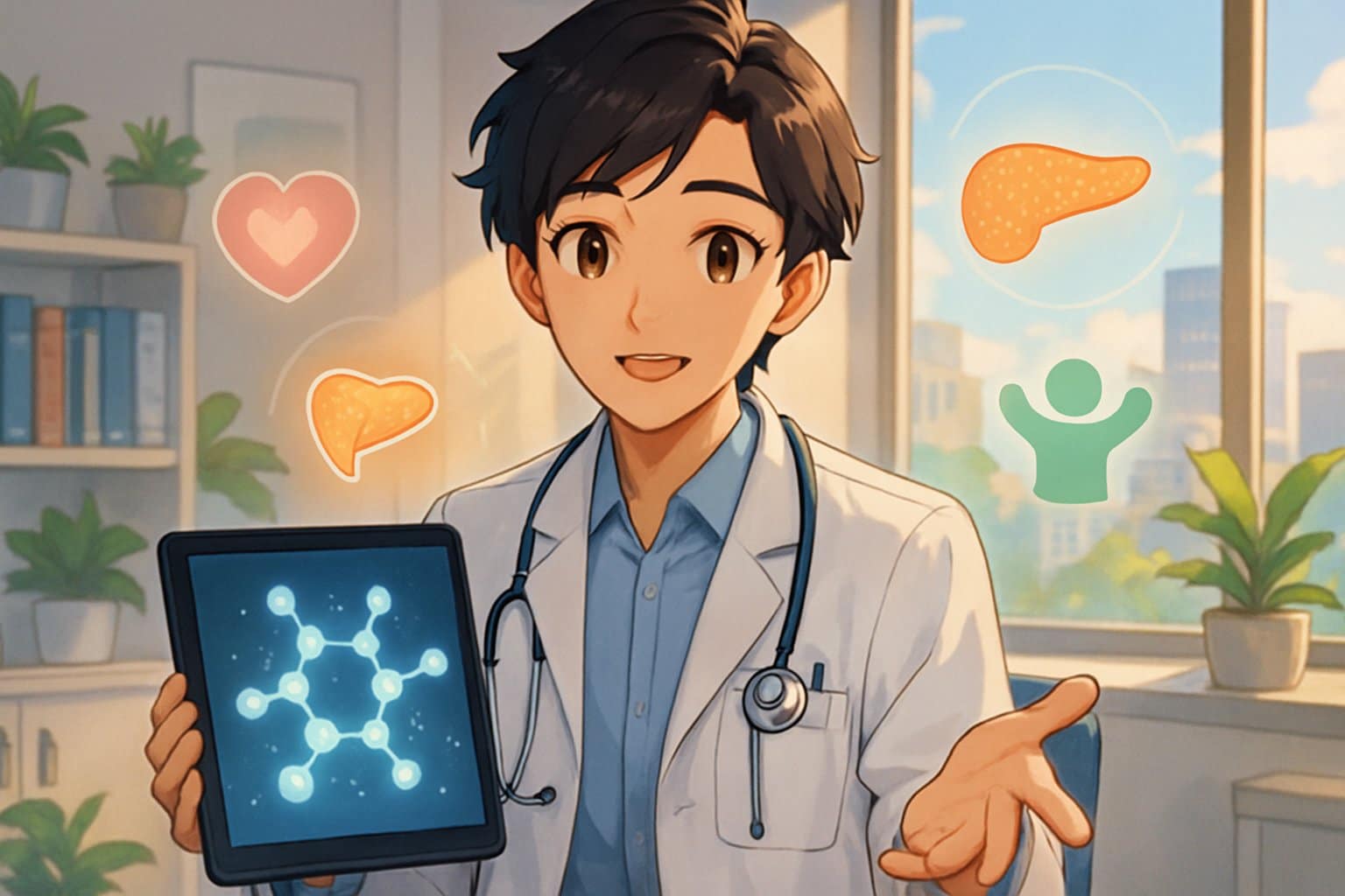 A clinician in a white coat holding a digital tablet in a bright medical office, with health-related symbols floating around and a city view through a large window.