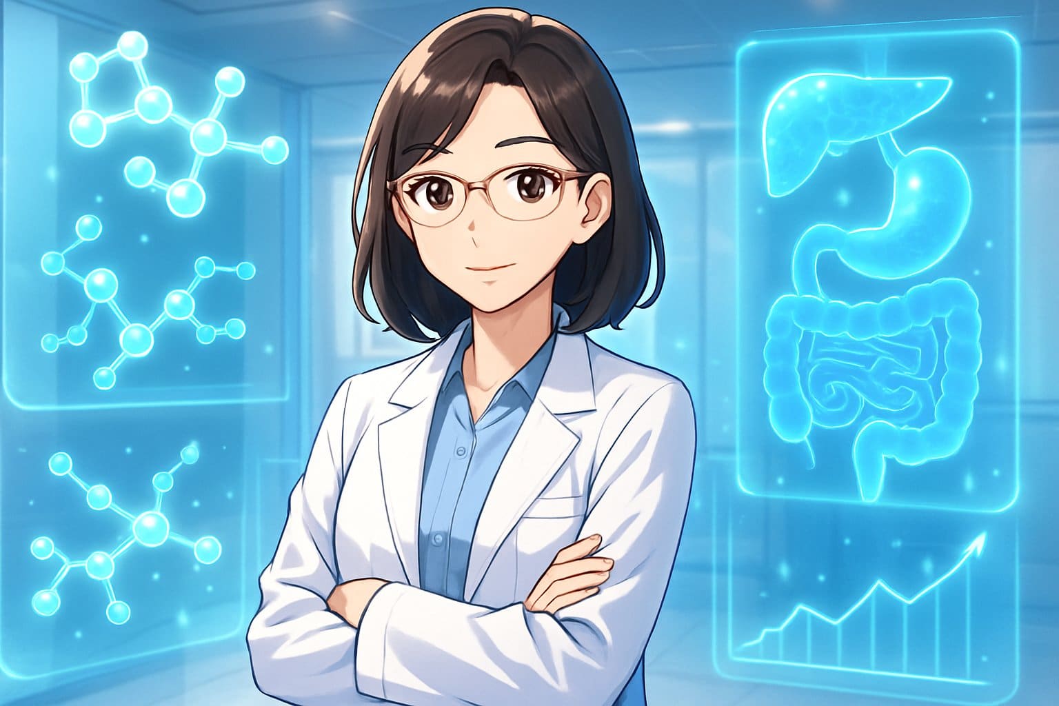 A female clinician in a medical office surrounded by glowing holograms showing molecular structures and human organs related to preventive health.