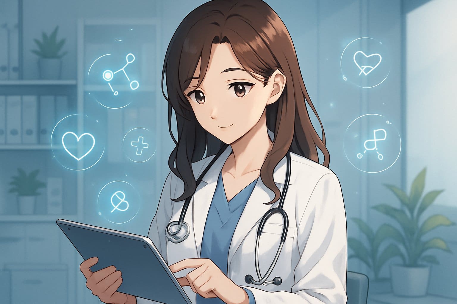 A female clinician in a medical office reviewing patient charts on a tablet, surrounded by floating medical symbols.