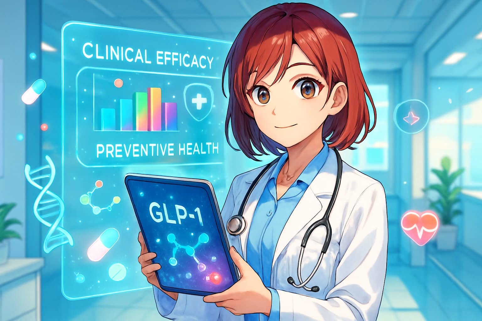 A female clinician in a white coat stands in a bright medical office holding a tablet with glowing graphs and molecular symbols, with a large holographic screen displaying charts behind her.