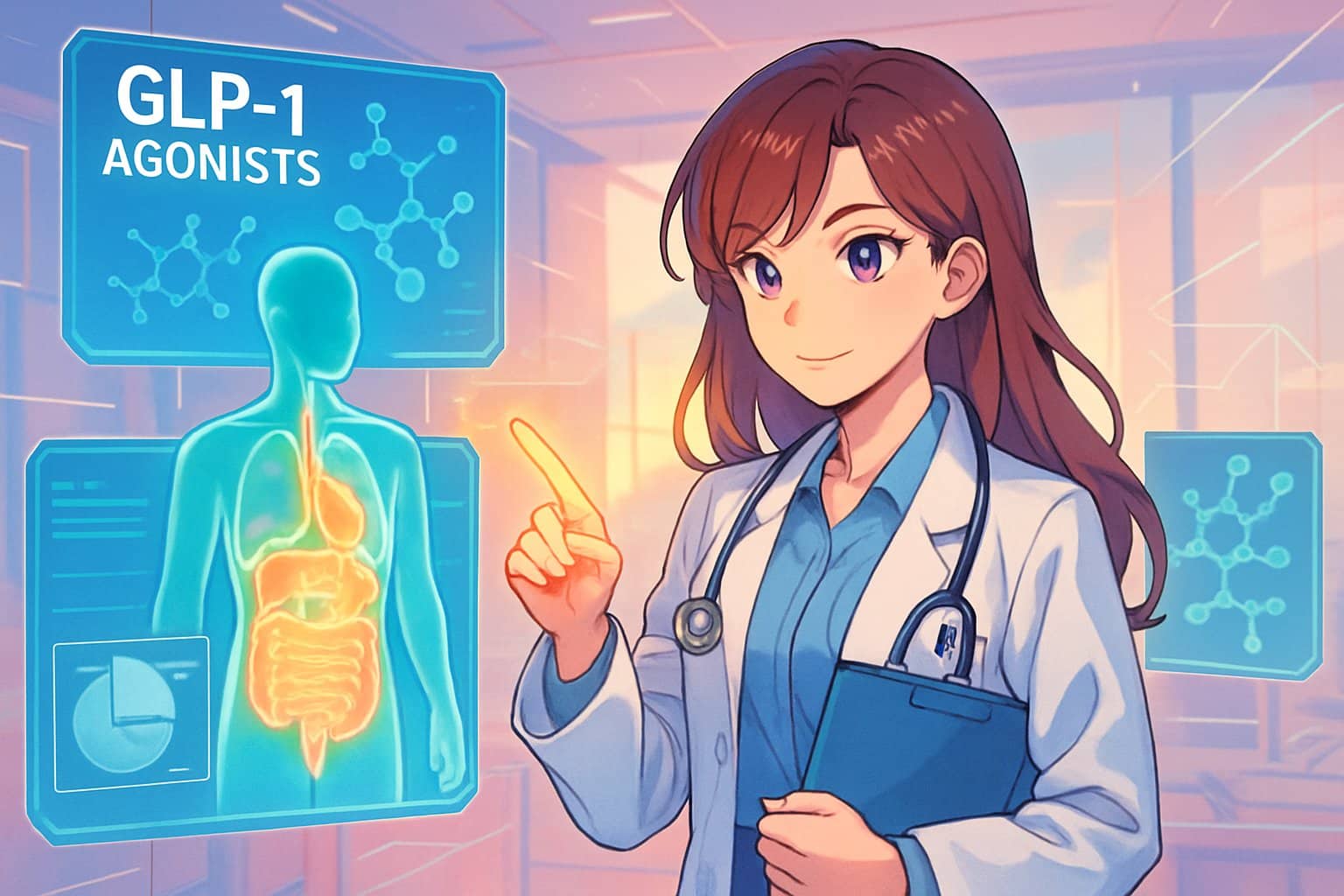 A female clinician in a medical office interacting with holographic medical displays showing molecules and a human body model.