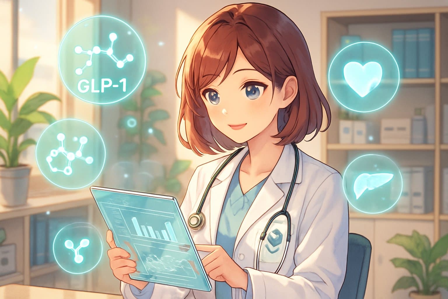 A female clinician in a medical office reviewing health data on a digital tablet, surrounded by holographic medical symbols, conveying a caring and professional atmosphere.