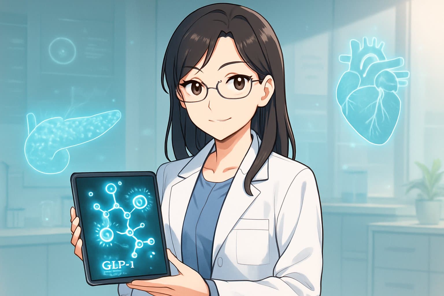 A female clinician stands in a bright medical office holding a tablet with glowing molecular visuals, surrounded by holographic images of healthy organs.