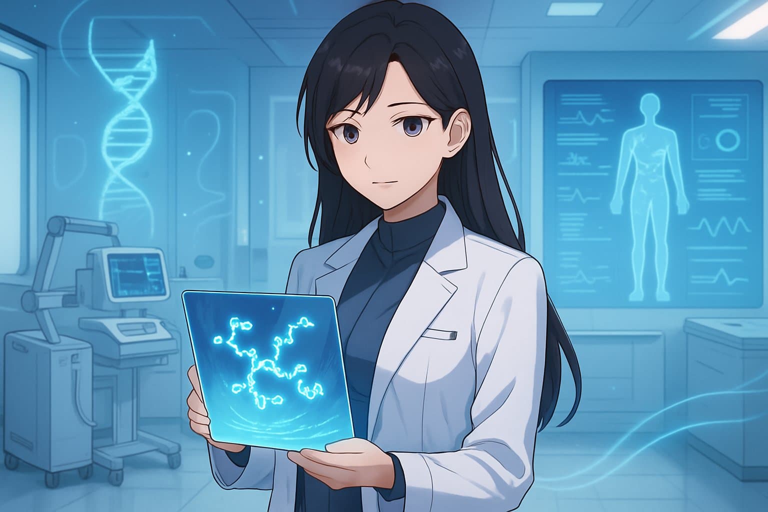A female clinician stands in a futuristic medical clinic holding a glowing holographic tablet, surrounded by advanced medical equipment and digital health displays.