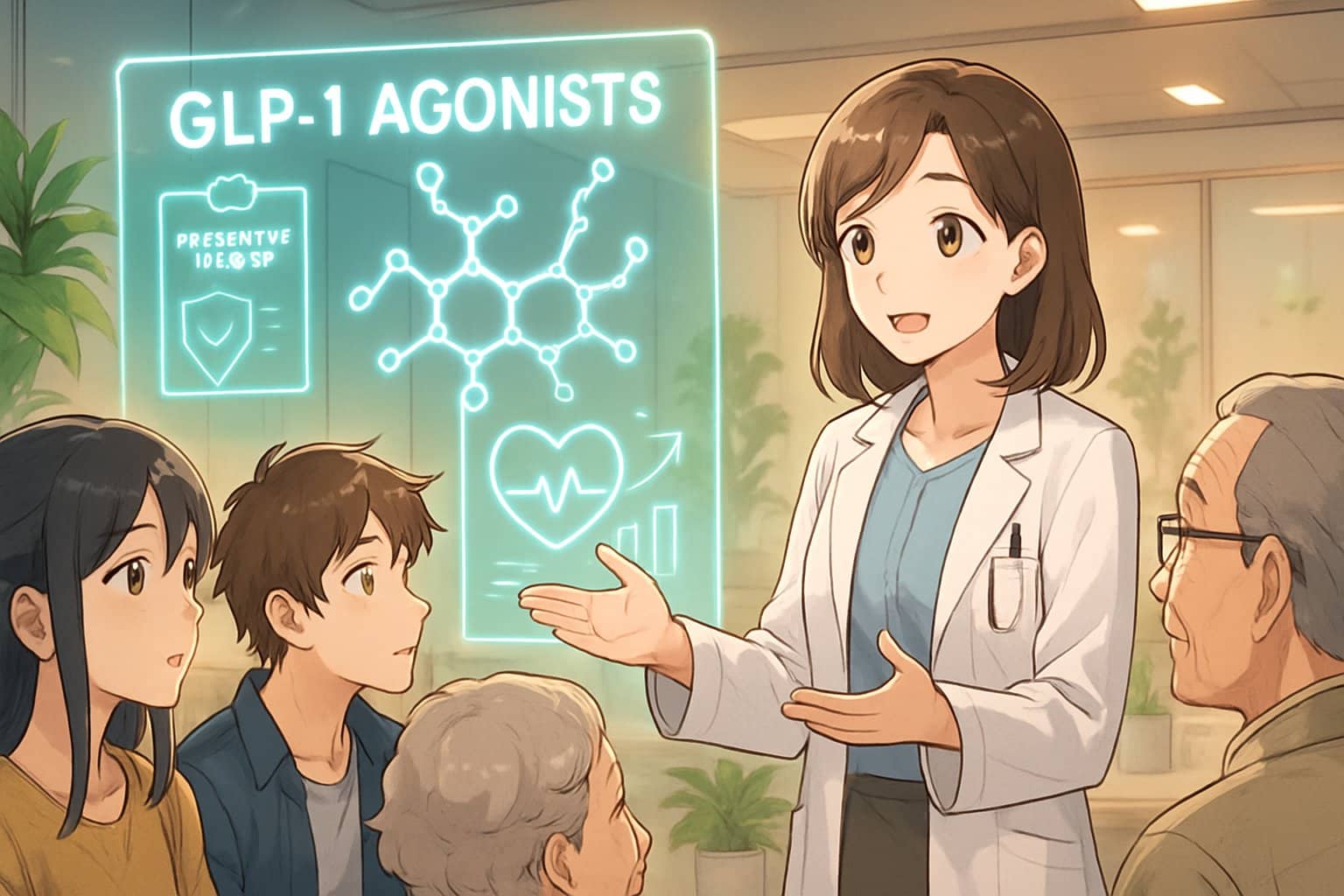 A clinician explains preventive health concepts to a diverse group of patients in a modern medical office with holographic medical displays.