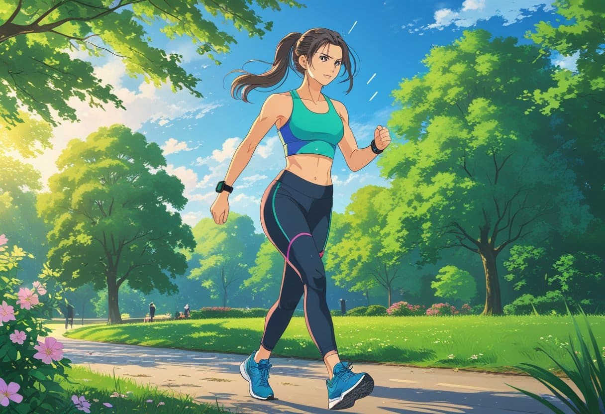 A young woman walking briskly in a park surrounded by trees and flowers, wearing workout clothes and a fitness watch.