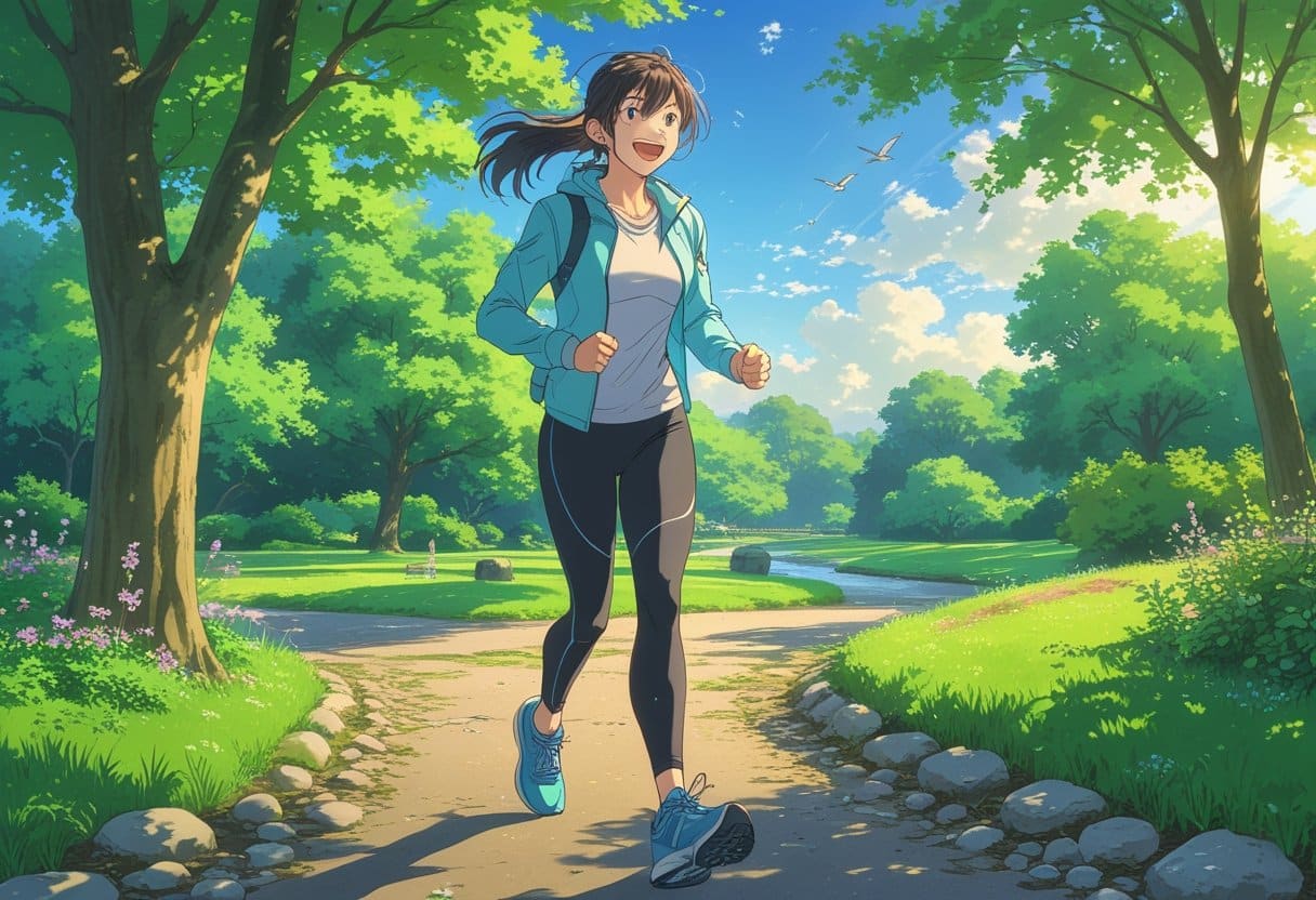 A person walking briskly along a tree-lined path in a park on a sunny morning.