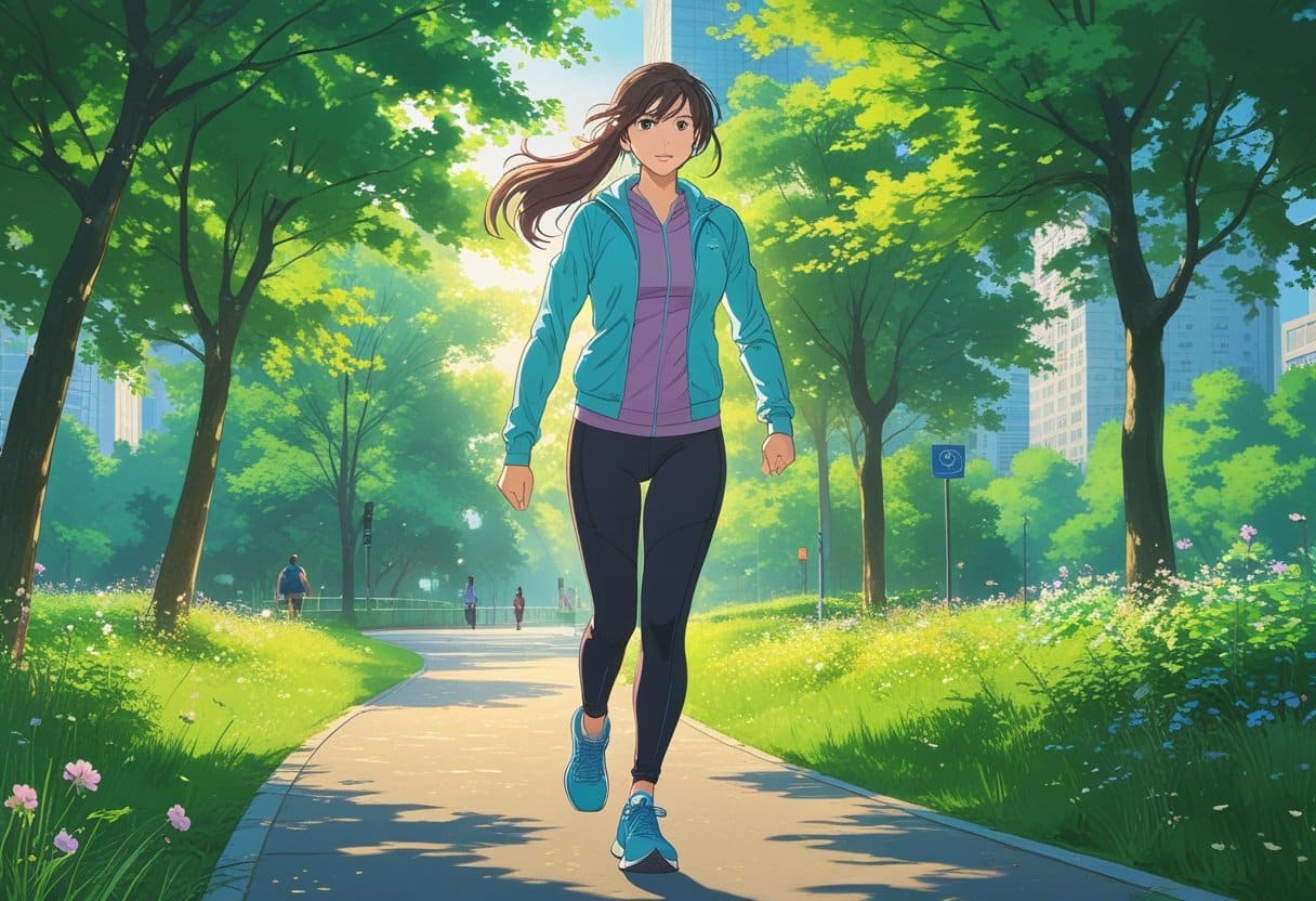 A young woman walking briskly on a park path surrounded by trees and city buildings in the background.