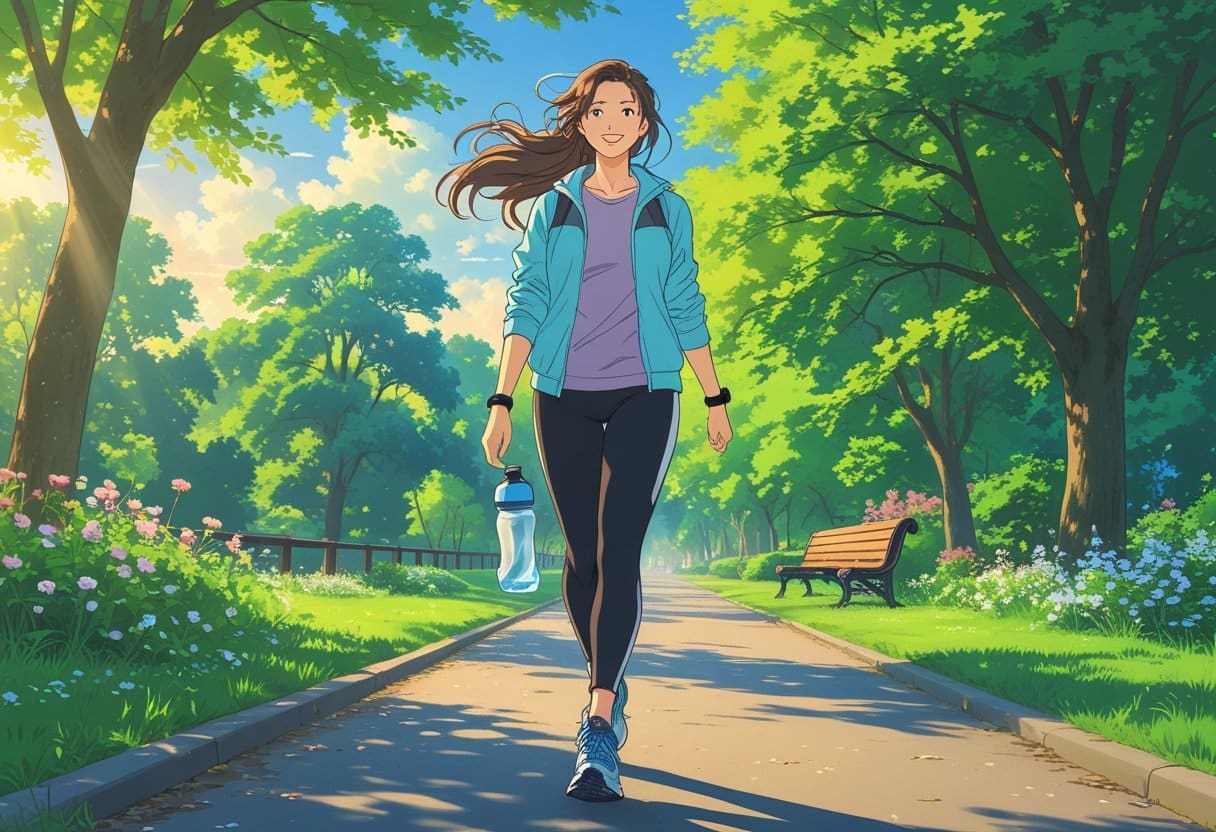 A young woman walking along a park path surrounded by trees and flowers on a sunny morning, wearing sporty clothes and a fitness tracker.