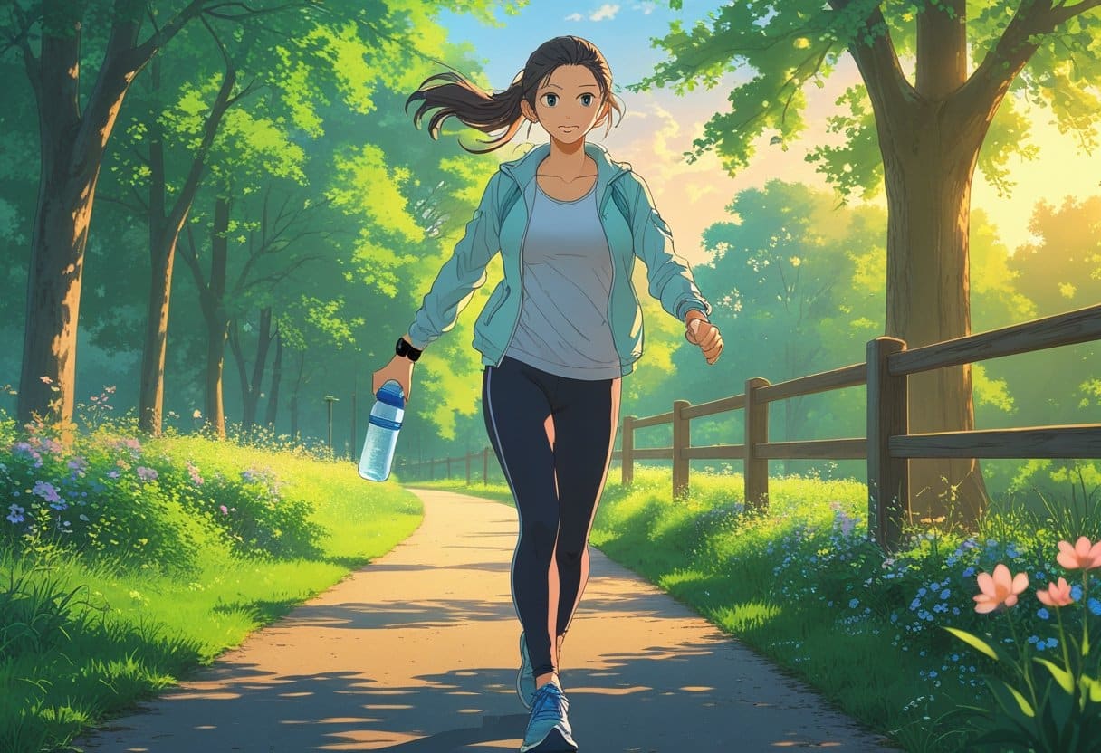 A young woman walking briskly along a tree-lined park path with a confident stride, surrounded by greenery and sunlight.