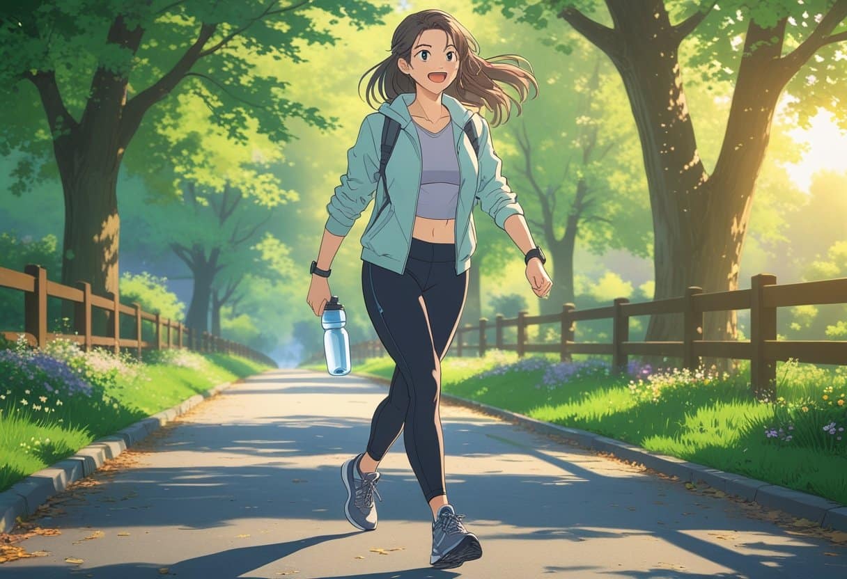 A young woman walking briskly along a park path surrounded by trees and flowers, looking determined and happy.