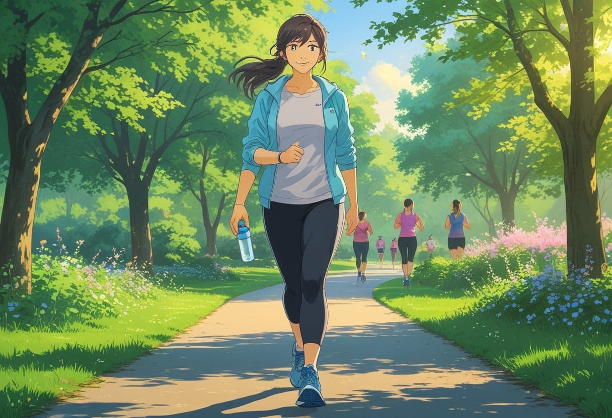 A young woman walking on a park path surrounded by trees and flowers, looking focused and motivated.