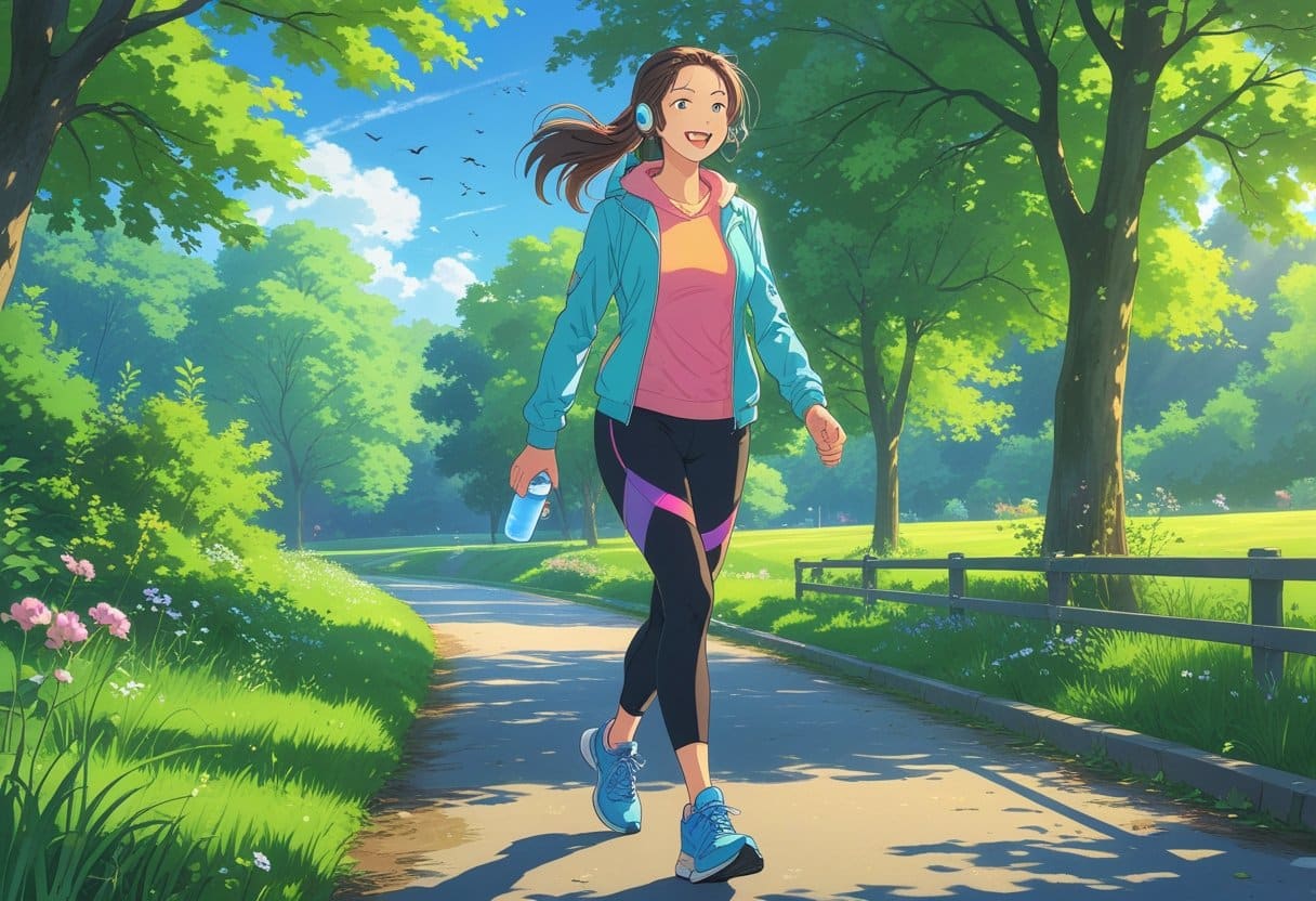 A young woman walking briskly on a park path surrounded by trees and flowers, holding a water bottle and wearing athletic clothes.