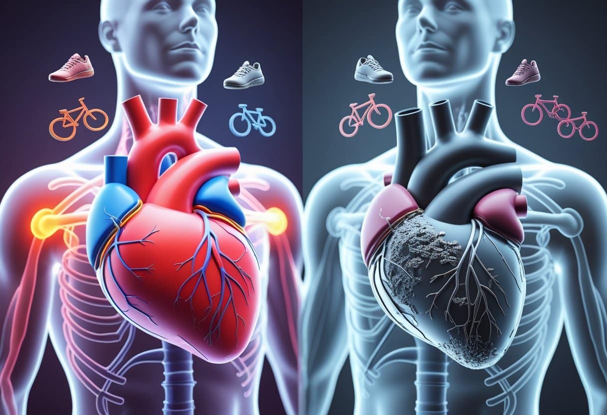3D view of a human chest showing a healthy heart on one side and a heart with artery plaque buildup on the other, with fading exercise icons above.
