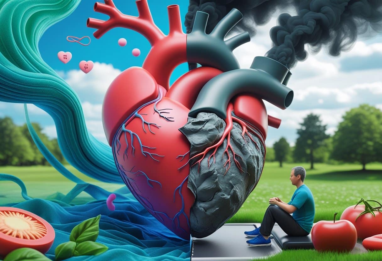 A 3D image showing a human heart split into a healthy side and a damaged side, with a person jogging in a park on one side and a sedentary person sitting on a couch on the other side.