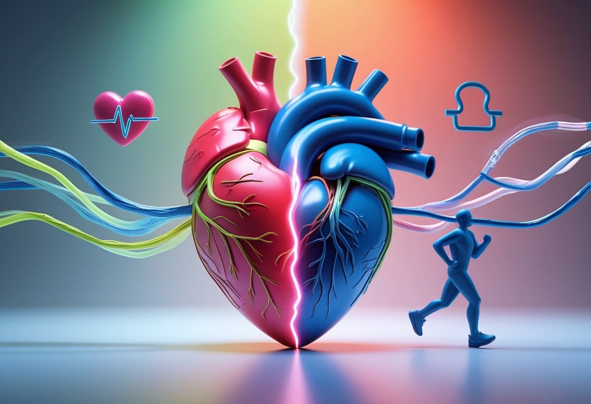 A 3D image of a human heart split into a healthy side and a diseased side, showing the effects of not exercising on heart health.