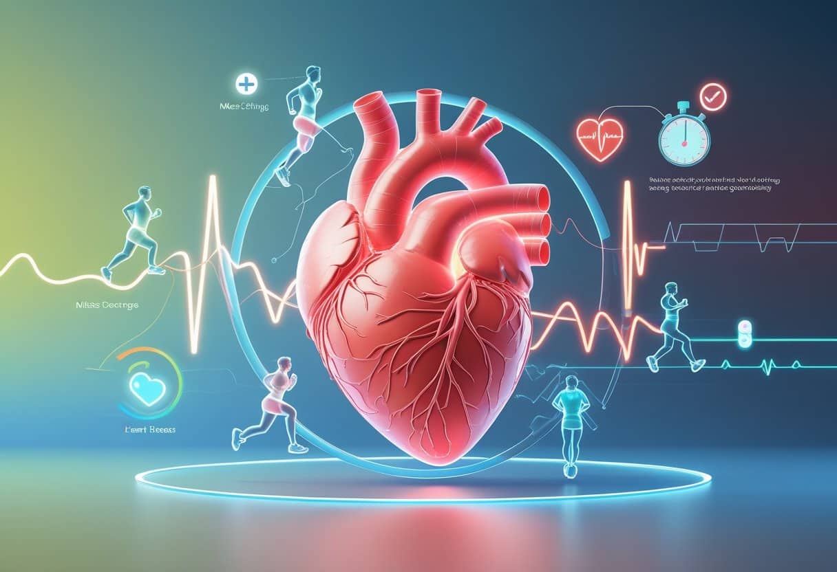 A 3D rendered human heart surrounded by figures exercising and digital health symbols, showing the impact of physical activity on heart health.