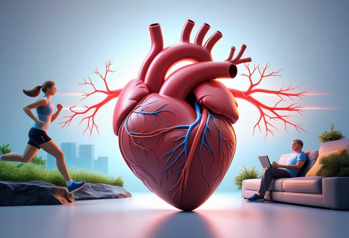 A 3D image showing a human heart with one side surrounded by an active person jogging and healthy arteries, and the other side showing a sedentary person on a couch with clogged arteries.