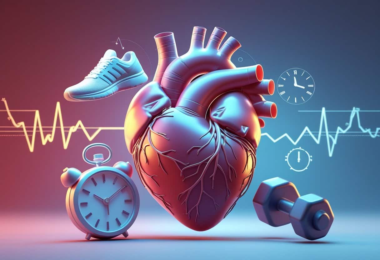 3D rendering of a human heart surrounded by exercise-related icons and heartbeat lines, illustrating the impact of missed workouts on heart health.