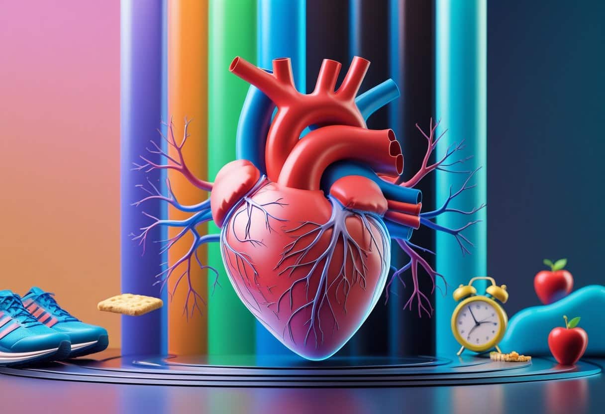 A 3D image showing a human heart with healthy arteries on one side and clogged arteries on the other, surrounded by symbols of active and sedentary lifestyles.