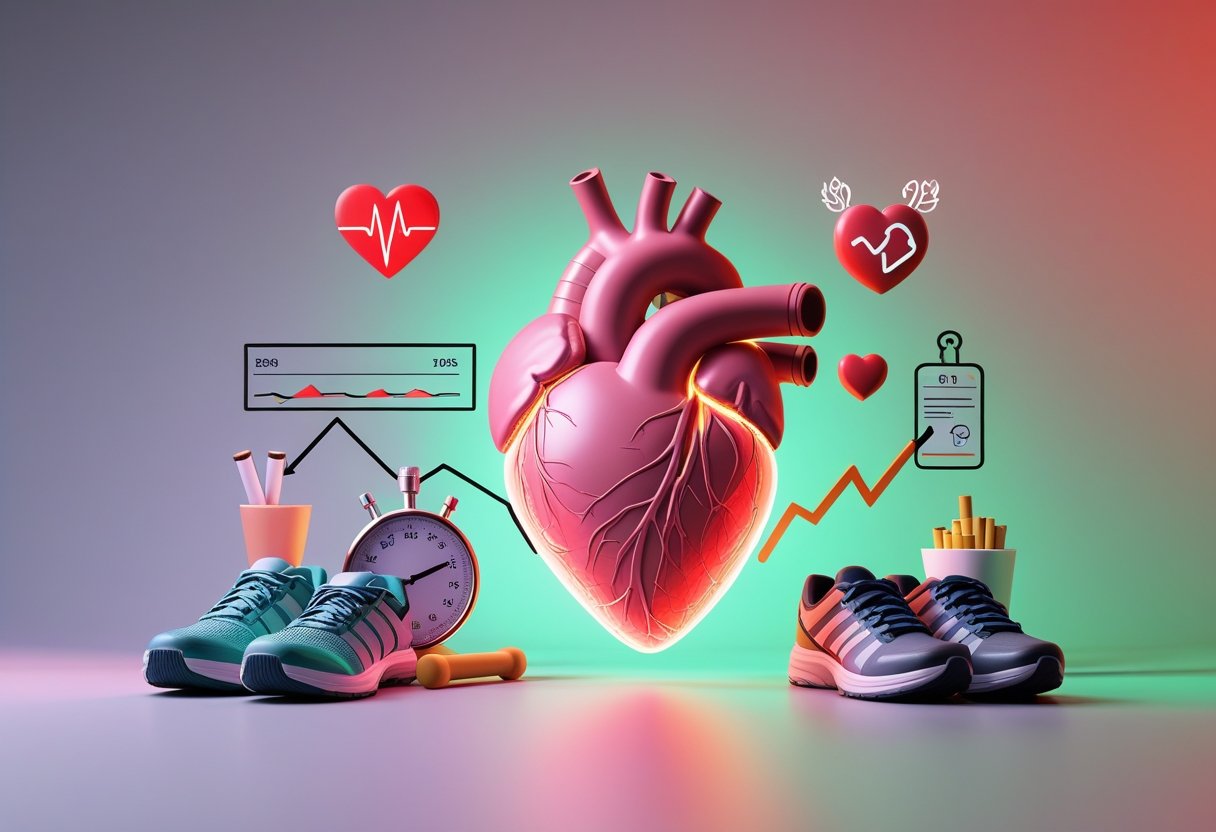 A 3D image of a human heart surrounded by exercise equipment on one side and symbols of heart disease risk on the other side.